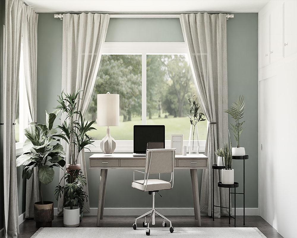 Büro mit hellblau gestrichenen Wänden Büro mit hellblau gestrichenen Wänden